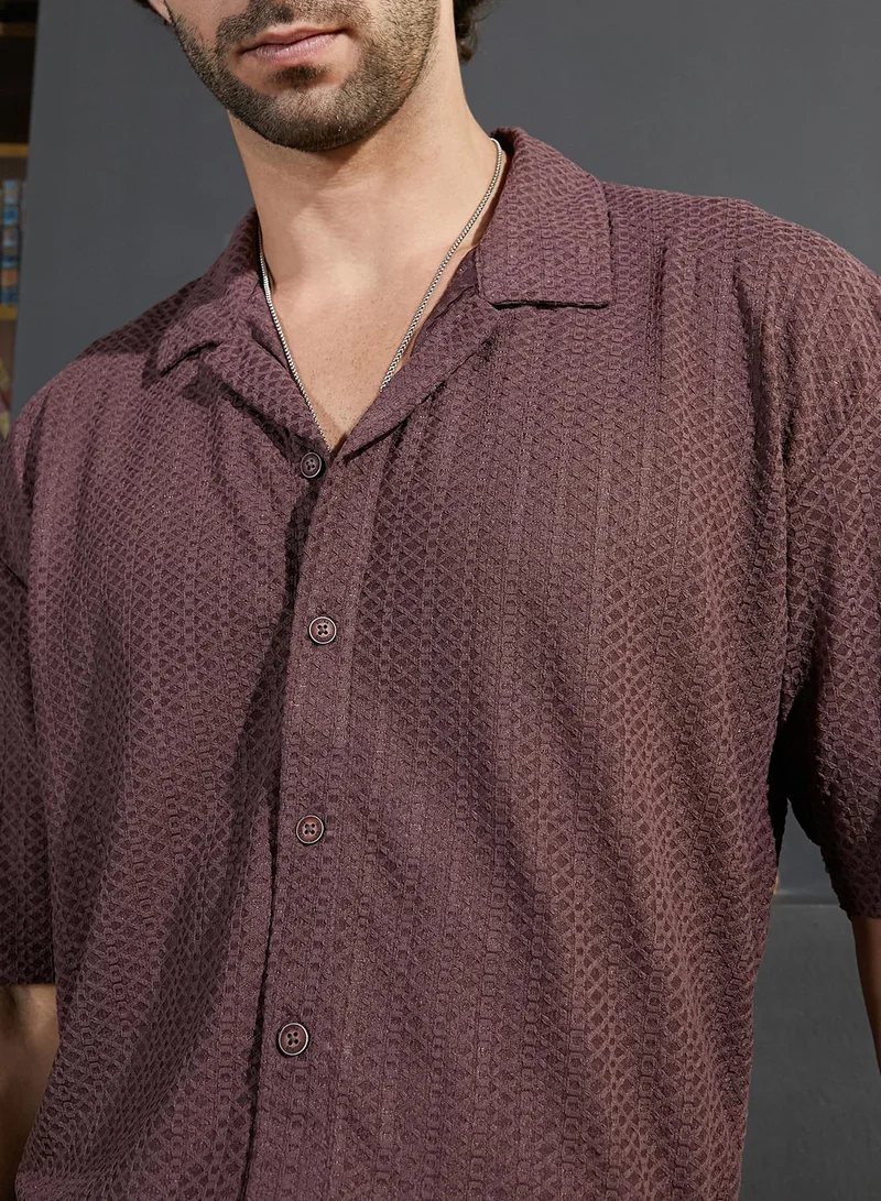 CAHOOT  Men's Brick Brown Zigzag-Helix Resort Oversized Shirt For Casual Wear | Cuban Collar | Short Regular Sleeves | Button Closure | Oversized Shirt Crafted With Comfort Fit For Everyday Wear for Men | Best Price UAE